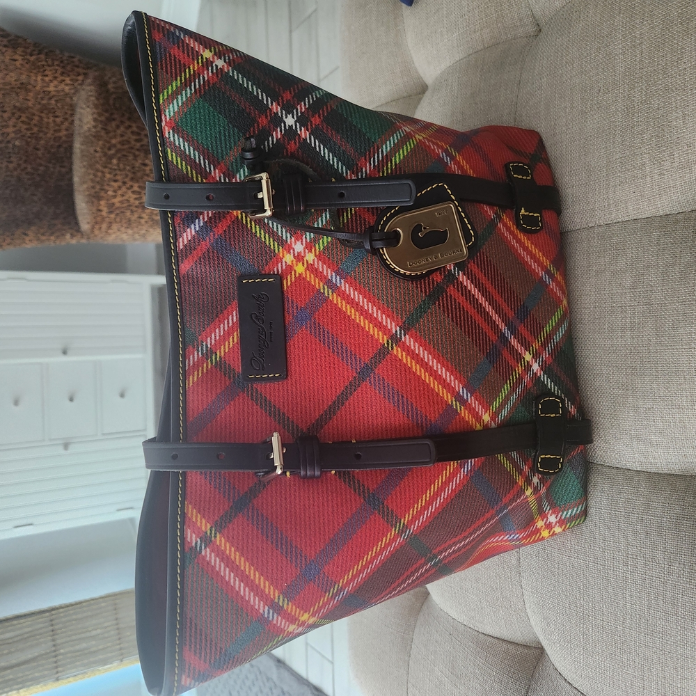 Vibrant Red and Green Tartan Tote with Brass Buckle